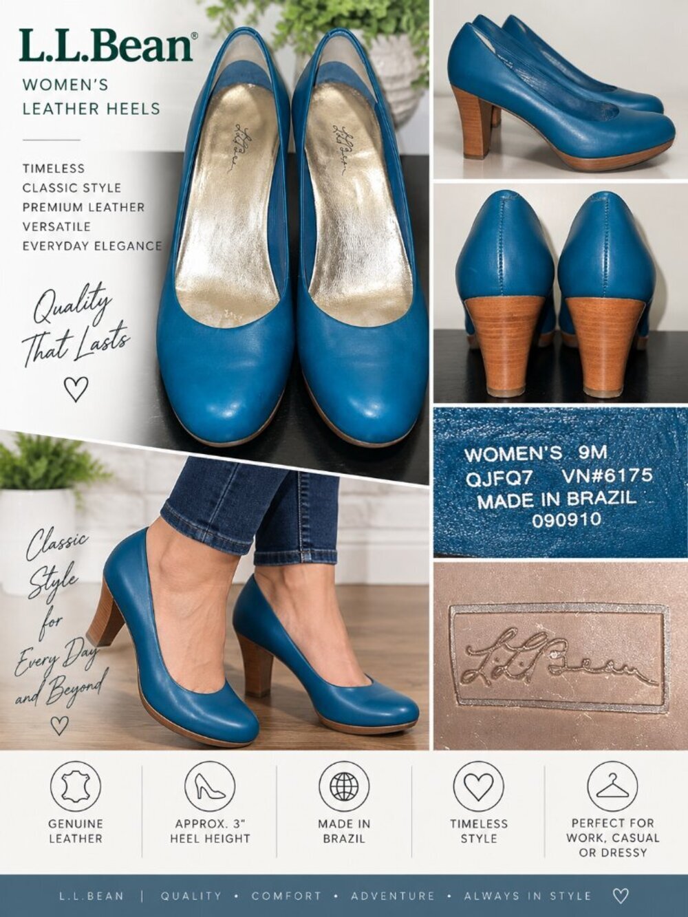 LL Bean Teal Leather Casual Dress‎ Pump Shoes Brazil Made Size 9 M.